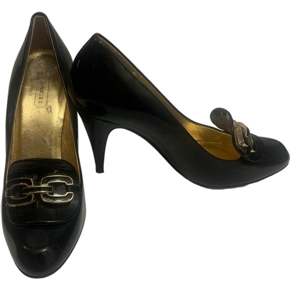 Coach Black Patent Leather Signature Double C’s Gold Metal Detail 4” Heel Pumps - Picture 1 of 14